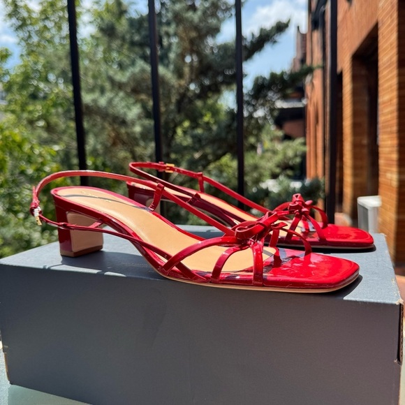 New Reformation Sally Bow Heeled Sandal Mule Shoes Red Scarlet Patent 9.5 - Picture 10 of 15